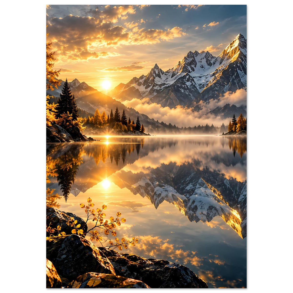 Hochformat-Poster mit Sonnenaufgang, spiegelndem Bergsee und Tannenwald