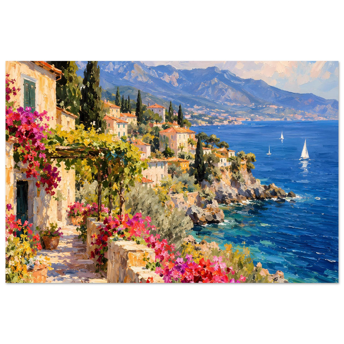 Mediterranes Küstenposter (Querformat): farbige Blüten an der Küste, Häuser und Berge