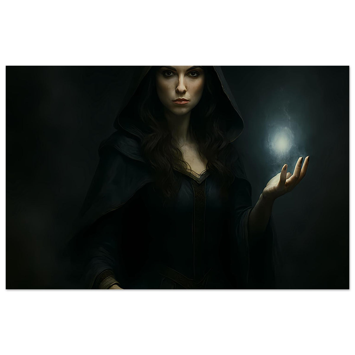 Horizontales Poster mit Zauberin in schwarzer Kapuze, erhobene Hand und leuchtende Lichtkugel