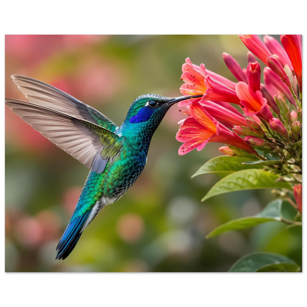 Naturposter mit Kolibri und rosa Blüten, Querformat mit Rahmen