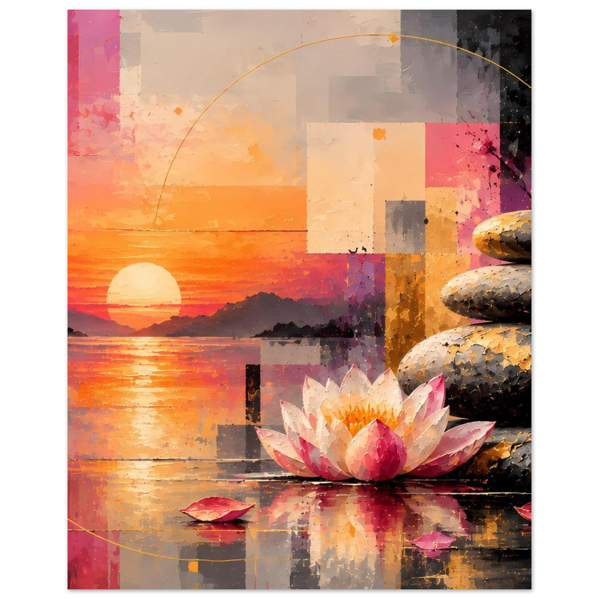 Zen-Poster im Hochformat mit Lotusblüte, Steinstapel rechts und Sonnenuntergang links
