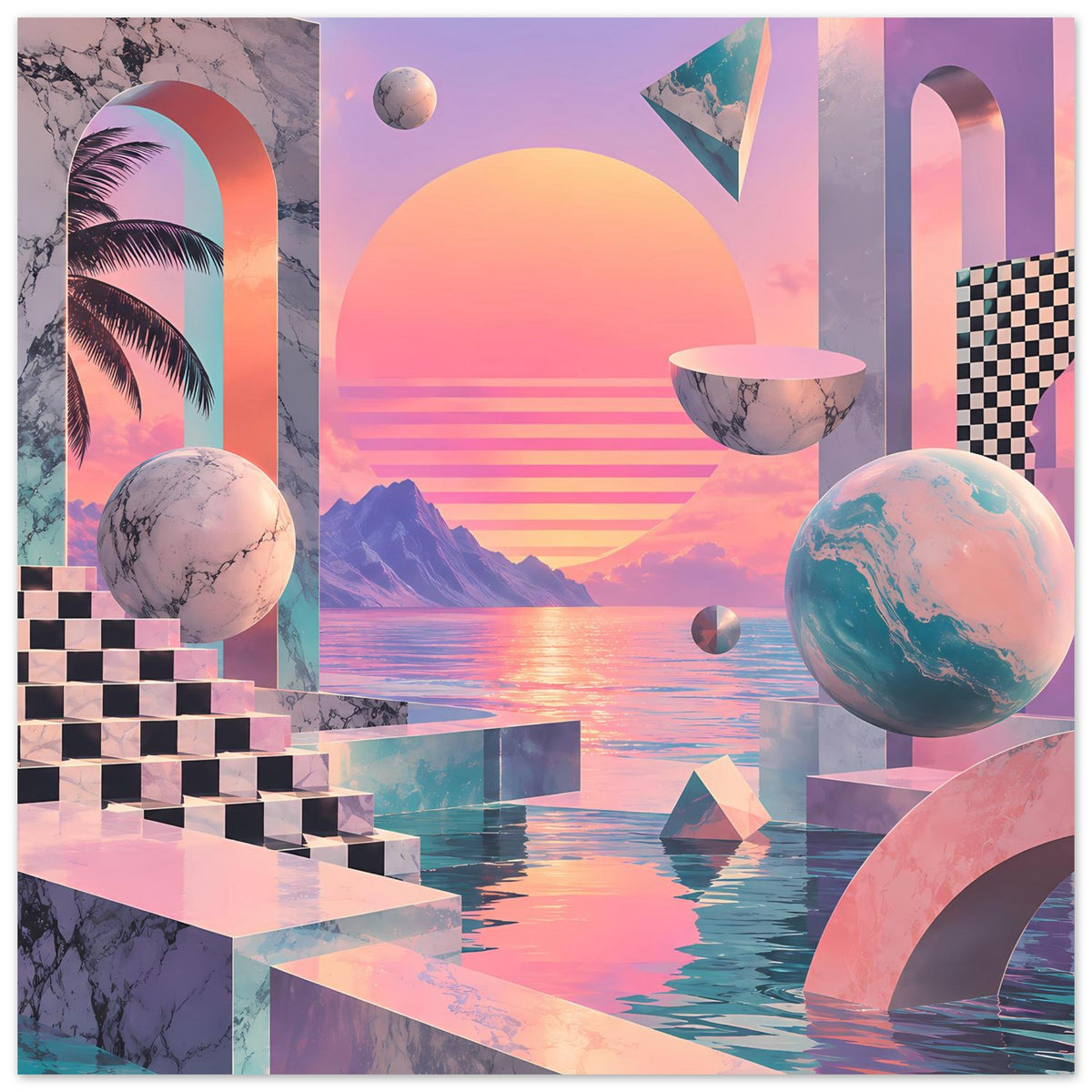 Poster im Querformat mit abstrakter Architektur, Sonnenuntergang, Planeten und Würfelmuster