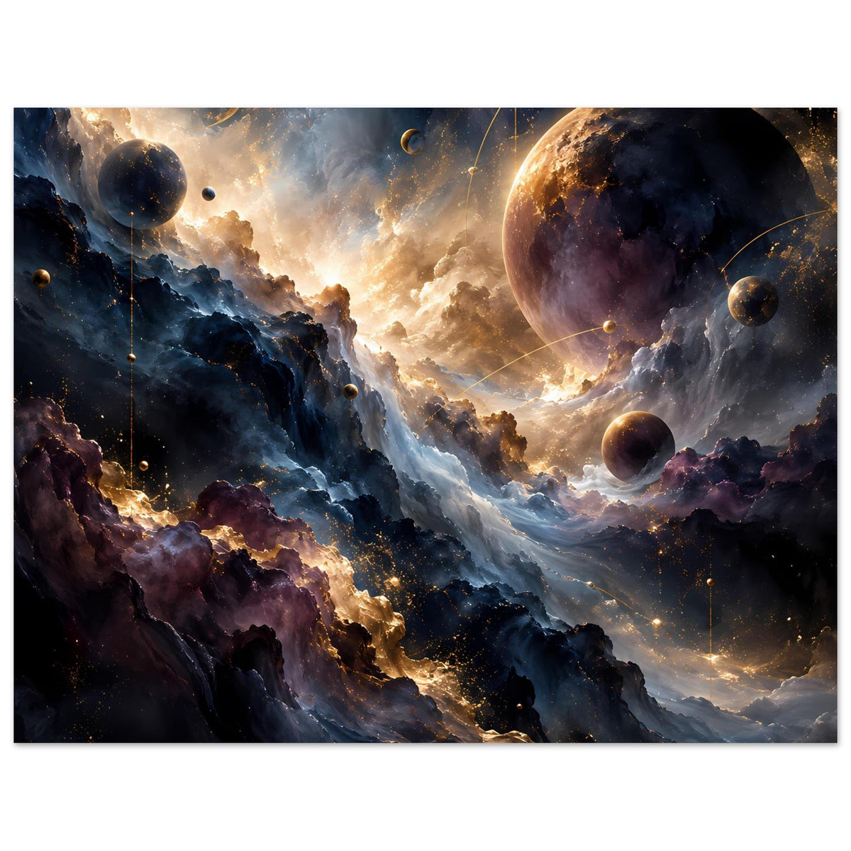 Weltraum-Kunstposter mit großer Planetenscheibe rechts und goldener Lichtspur über dem Nebel