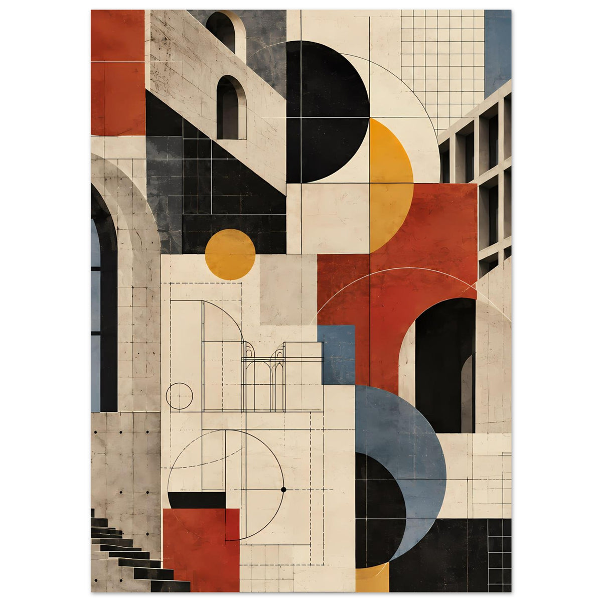 Kunstposter mit geometrischen Kreisen und Linien, Terrakotta- und Schieferblau-Töne vor hellem Grund