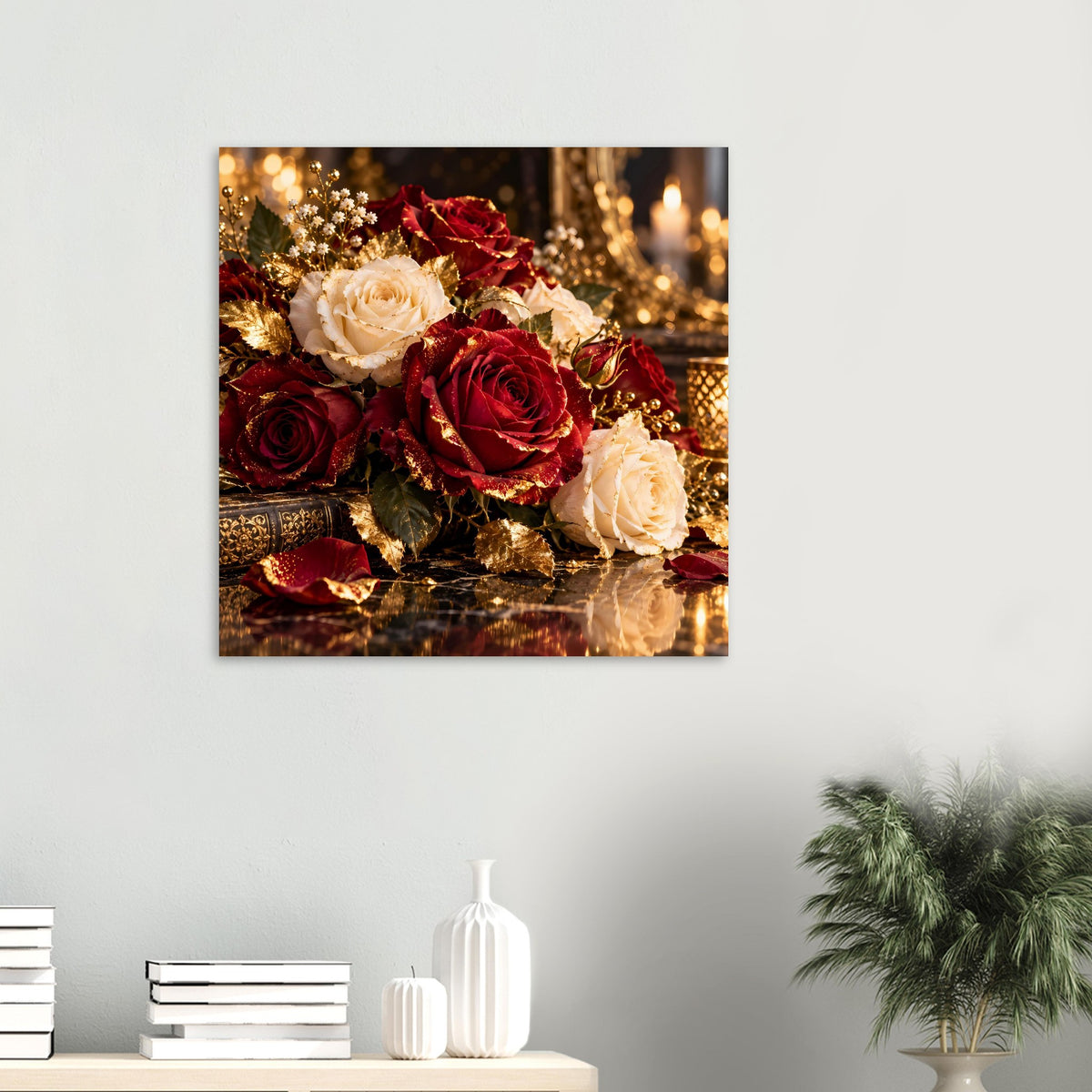 Rosenstrauß-Poster im schwarzen Rahmen: bordeauxrote & cremeweiße Rosen mit Goldakzenten.