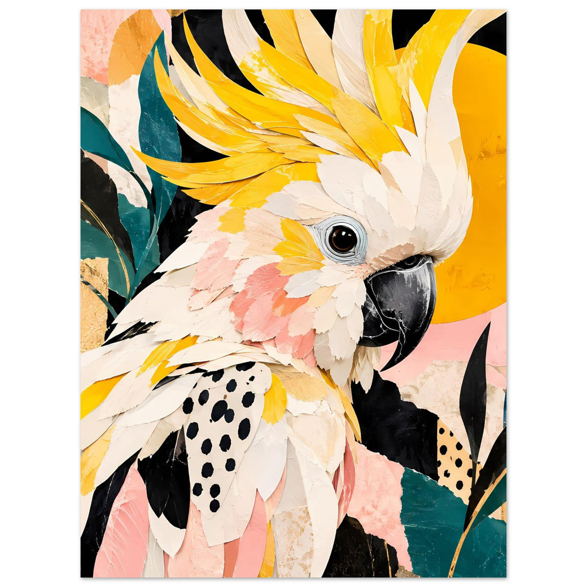 Vogelkunst-Poster: Kakadu im Fokus, cremefarbene Federn mit gelben und rosafarbenen Akzenten