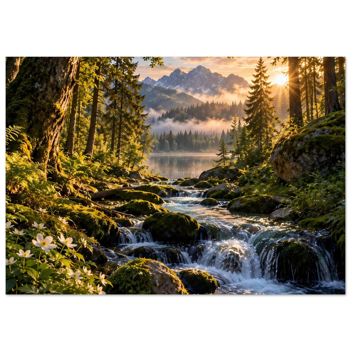 Wasserfall-Poster mit Wald und Bachlauf, Felsen, Wasserfall, goldenes Licht und Berge