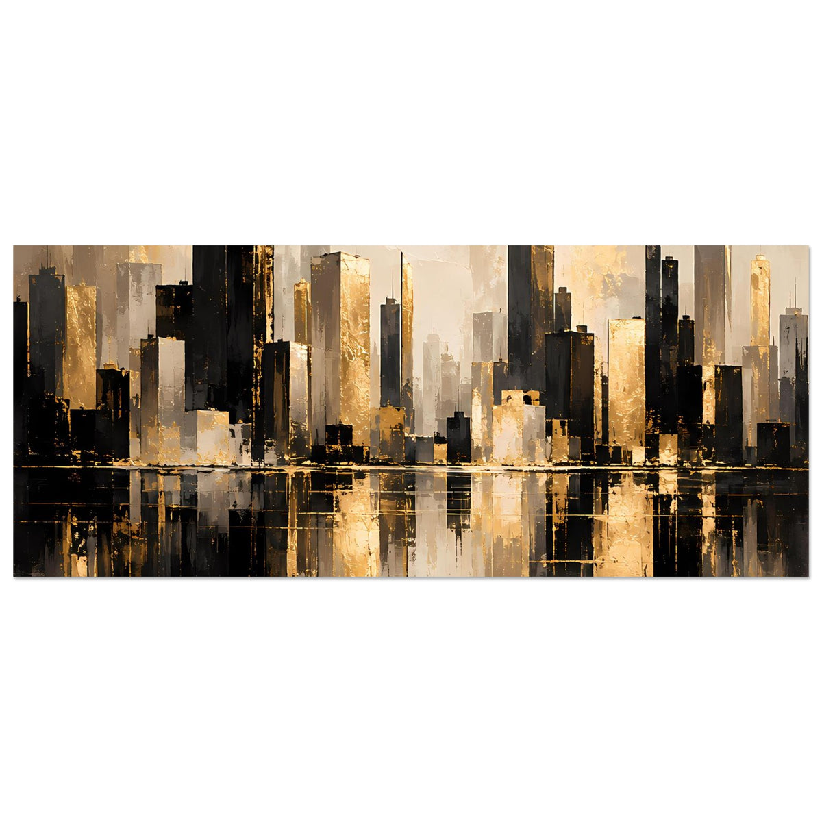 Horizontales Poster mit breiter Skyline, goldene Farbverläufe und spiegelndem Wasserstreifen