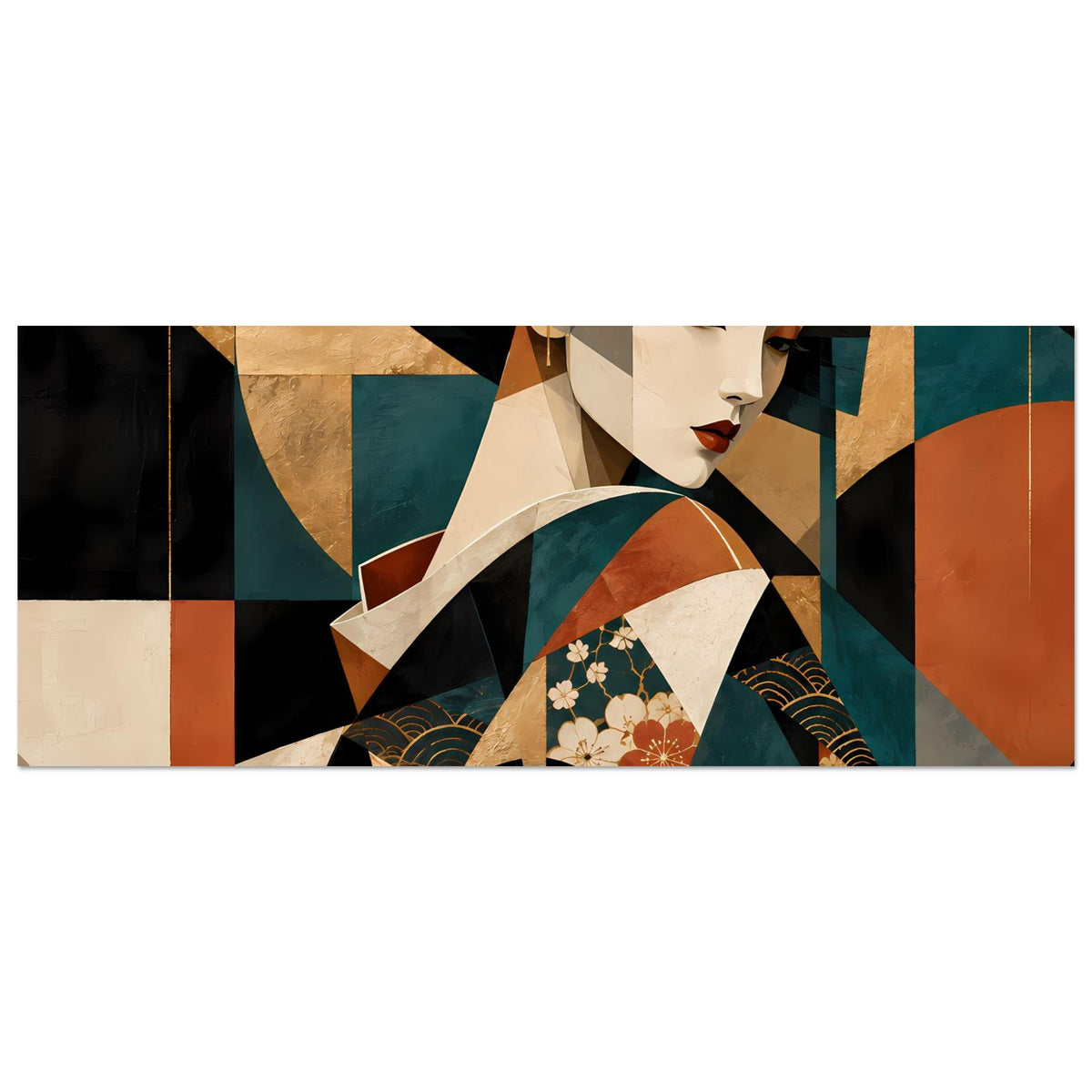 Horizontales Kunstposter: Geisha im Kimono mit Blumenmuster, Gold-, Türkis- und Rotfarben