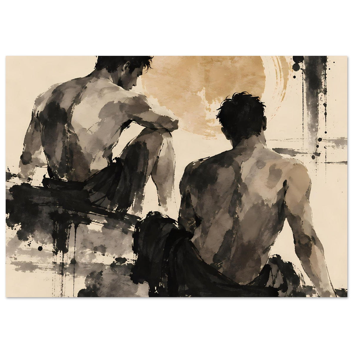 Kunstposter mit zwei männlichen Figuren, Sepiatöne, schwarze Linien und Farbspritzer