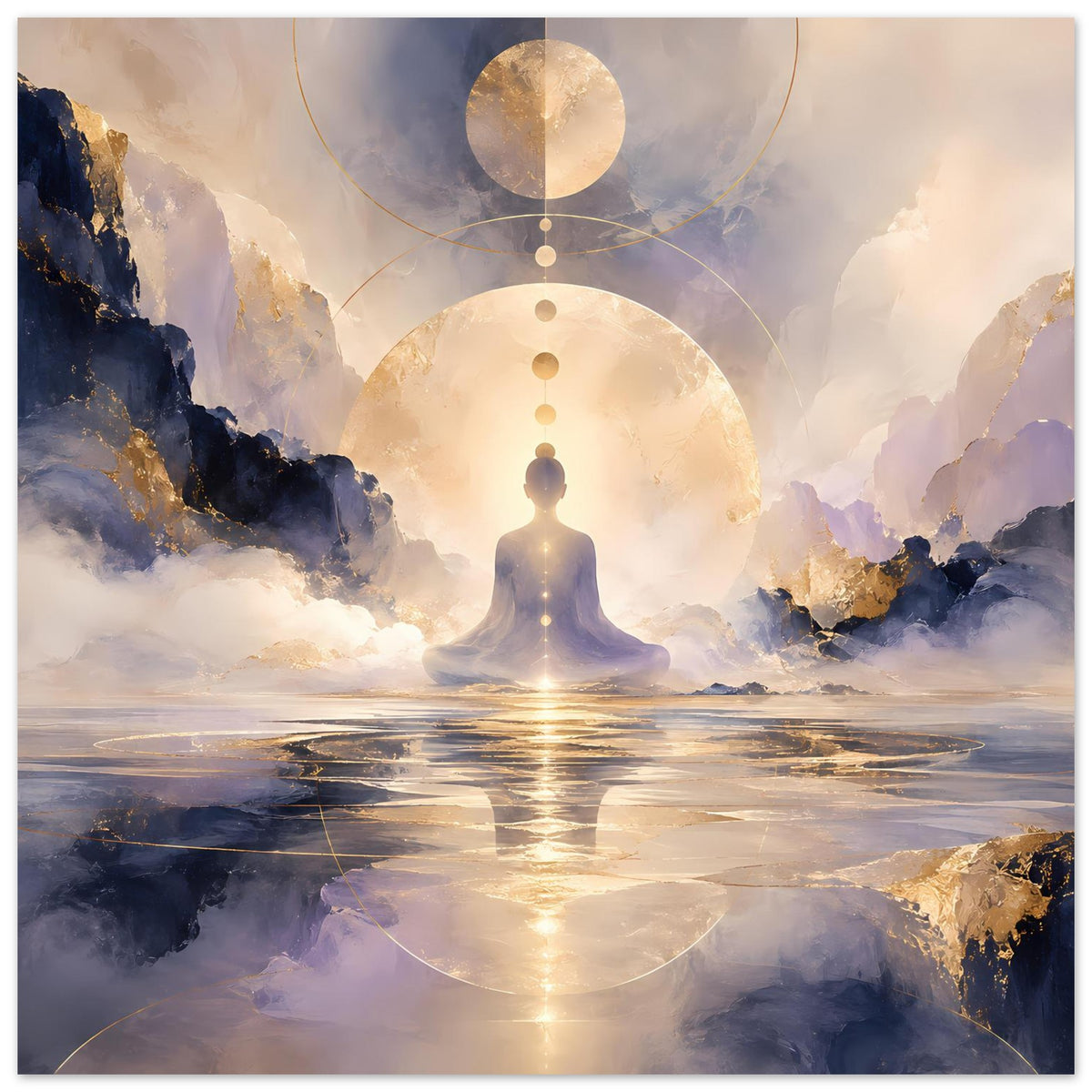 Meditationsposter: ruhende Silhouette, großer Goldkreis und Mondlichteffekt über Wasser.