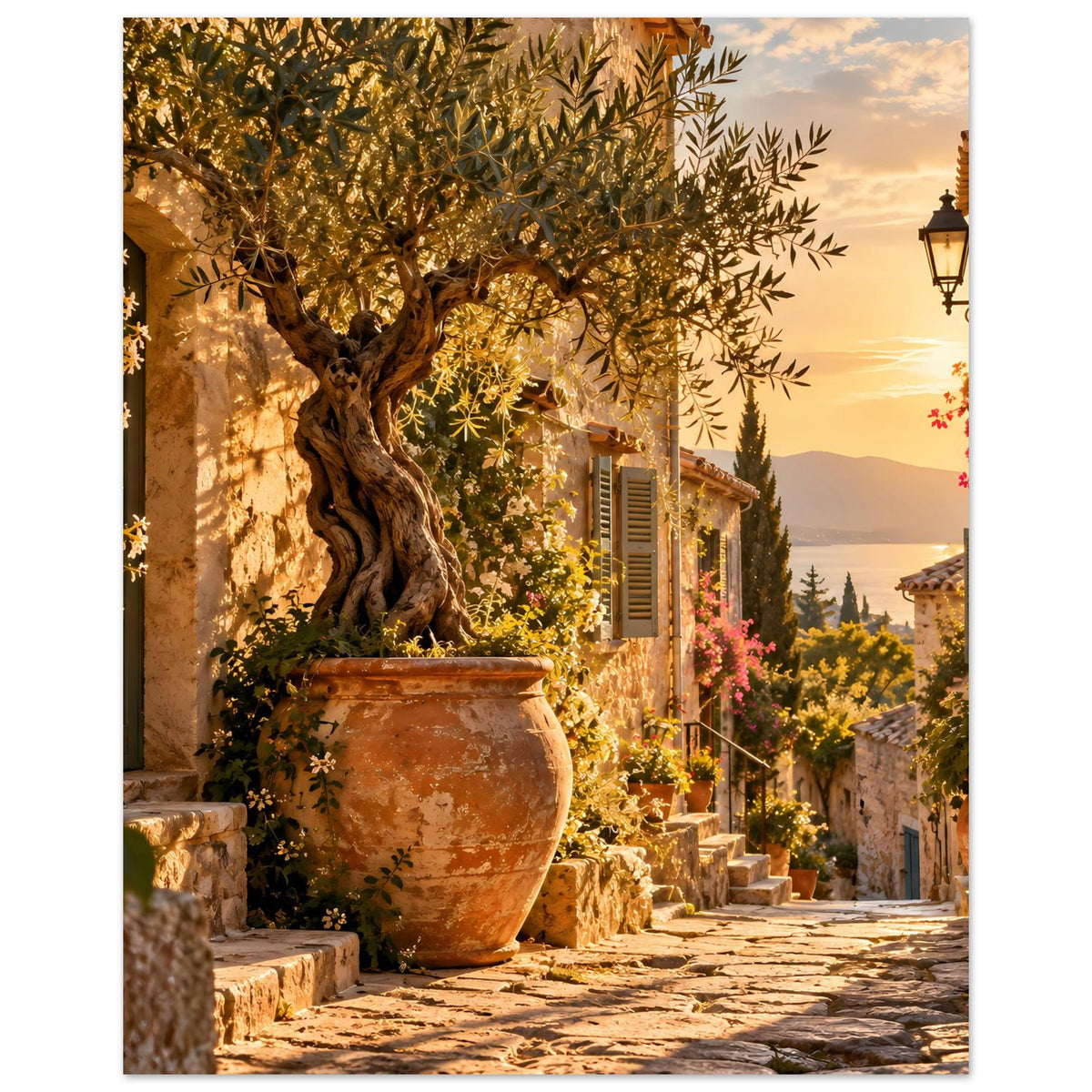 Mediterranes Poster: Olivenbaumkrone, Terrakotta-Vase und Steingasse mit Fensterläden