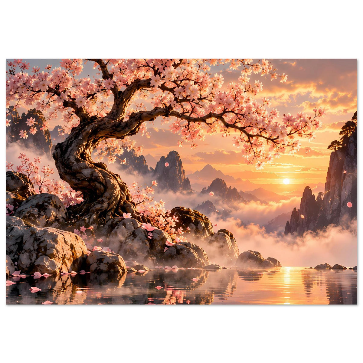 Horizontales Poster mit blühendem Kirschbaum über Felsen, Bergkette, Nebel und goldenem Sonnenuntergang