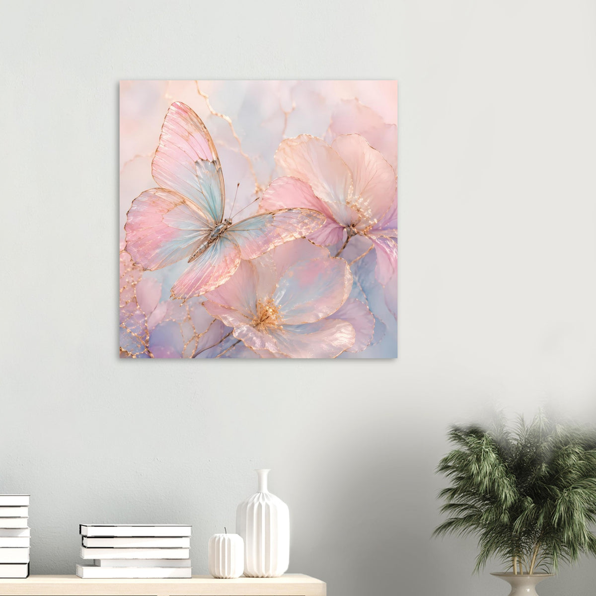 Quadratisches Aquarell-Poster mit Schmetterlingen, Blüten und goldenen Akzenten in Rosé und Blau