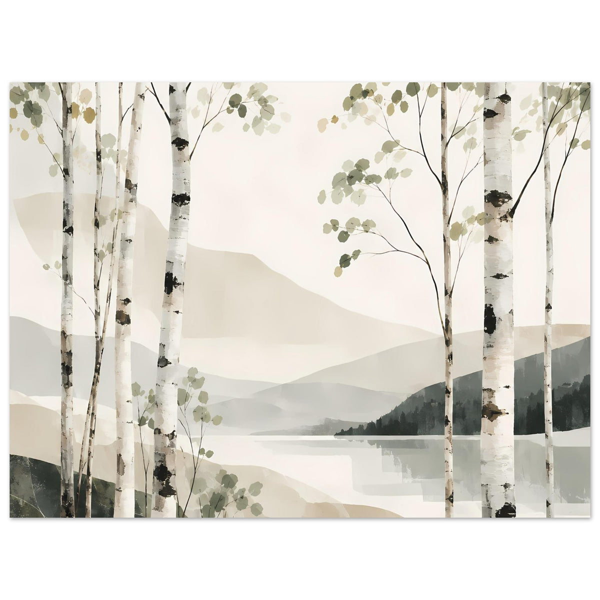 Horizontales Poster: Birken im Vordergrund, mehrschichtige Landschaft und gedämpfte Farben