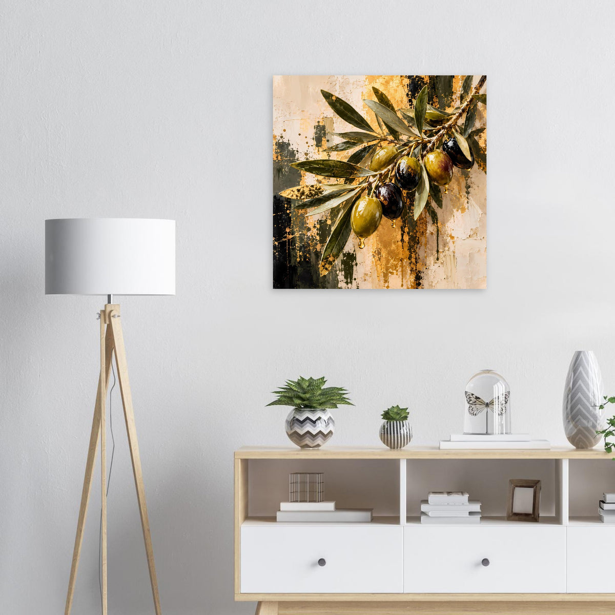 Quadratisches Wandposter mit Olivenzweigen in Gold und Olivgrün auf beigem Spritzgrund
