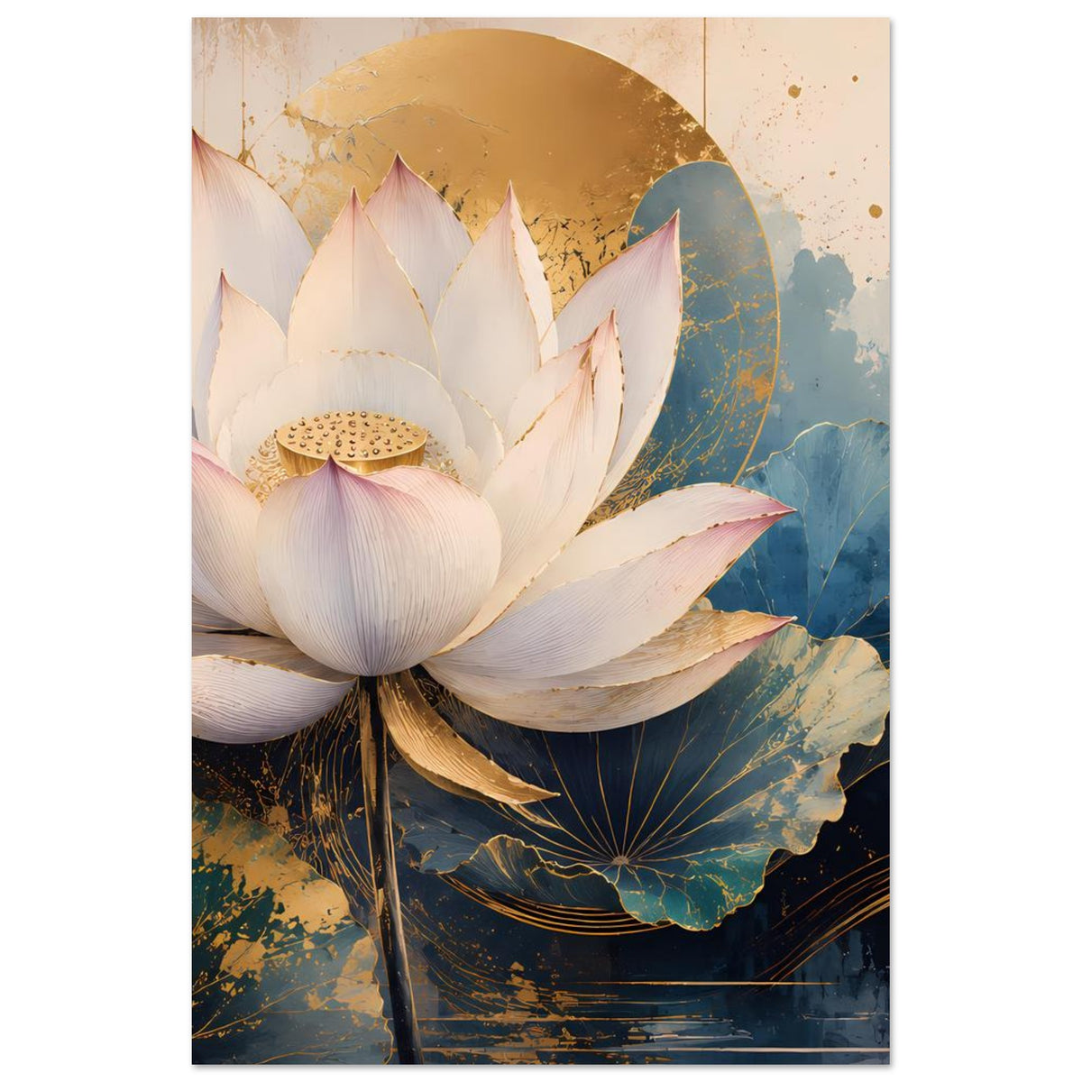 Vertikales Lotusblumen-Poster mit weißer Blüte, goldener Form und blauem Wasserlilien-Design