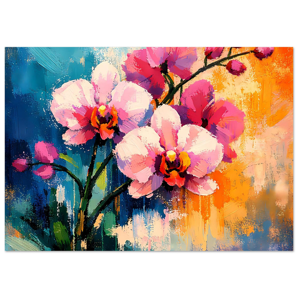 Breites Blumenposter mit rosafarbenen Blüten und dunklem Ast, farbiger Hintergrund