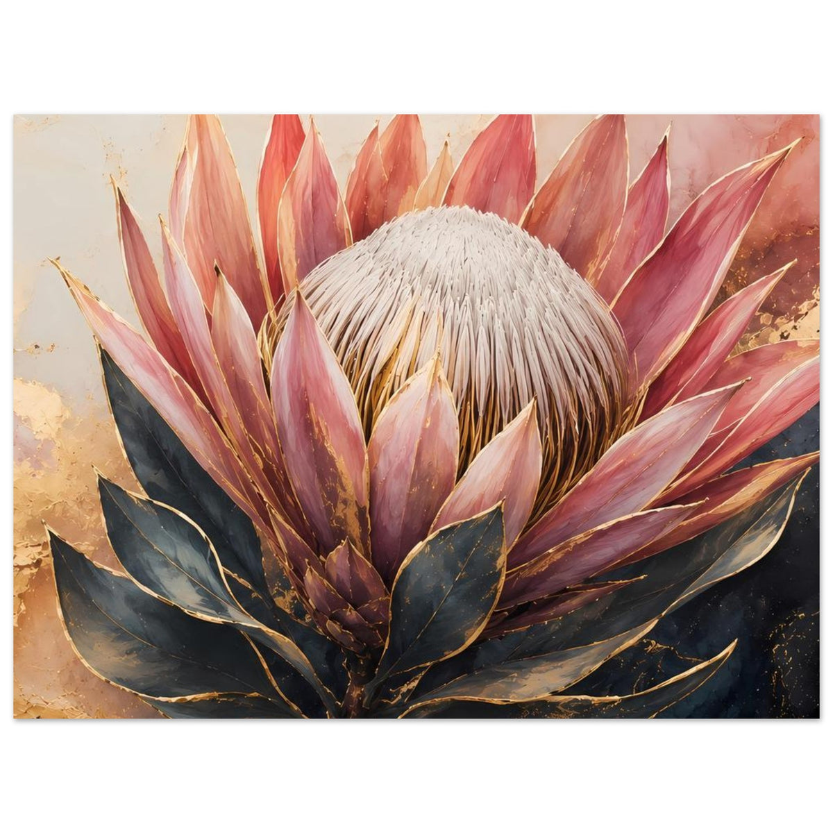 Botanisches Poster mit Königsprotea: weißes Blütenköpfchen, Altrosa-Gold-Farbverlauf und dunkle Blätter.