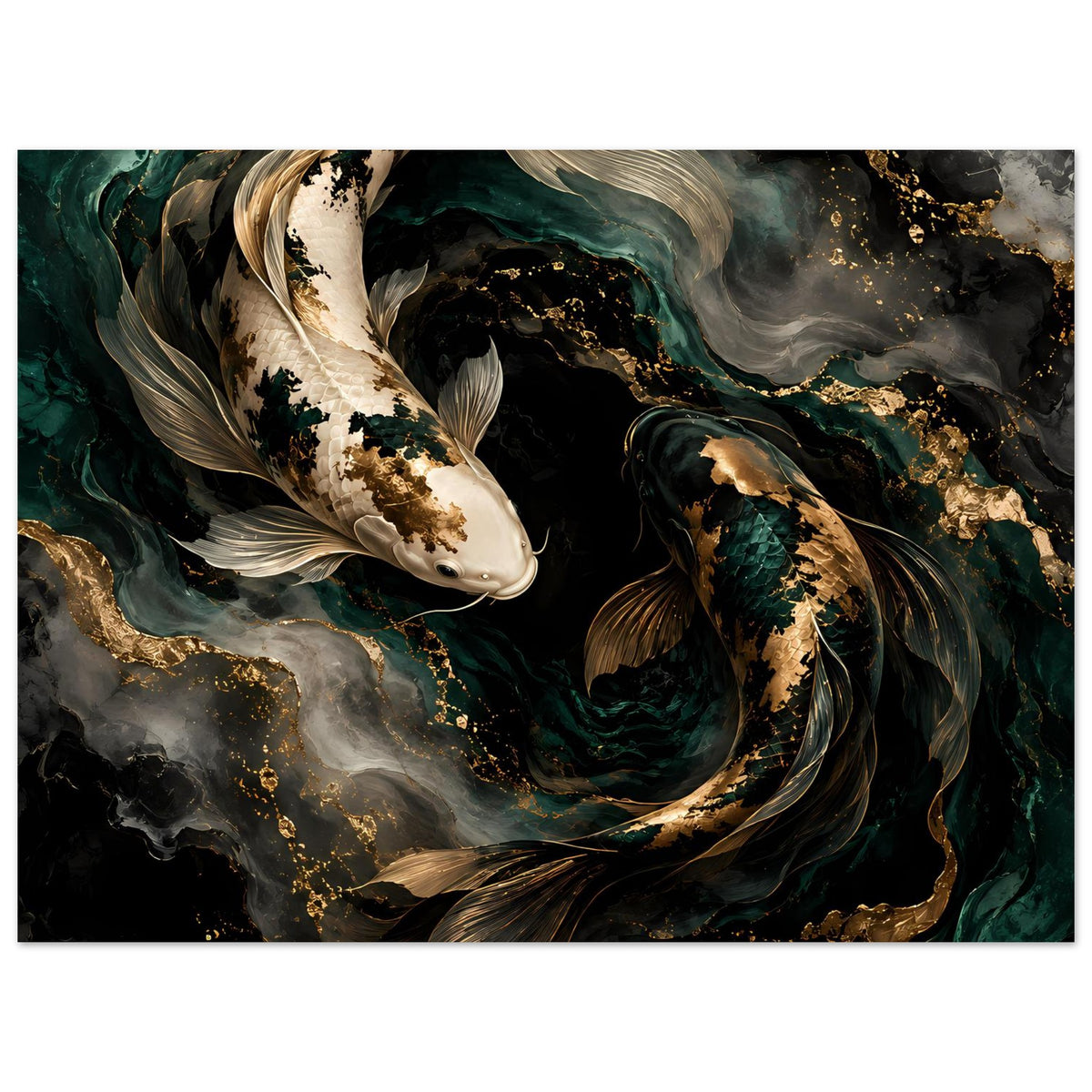 Kunstposter mit Koi-Fischen: zwei Fische, tiefes Grün und Goldlinien auf bewegten Strömungen