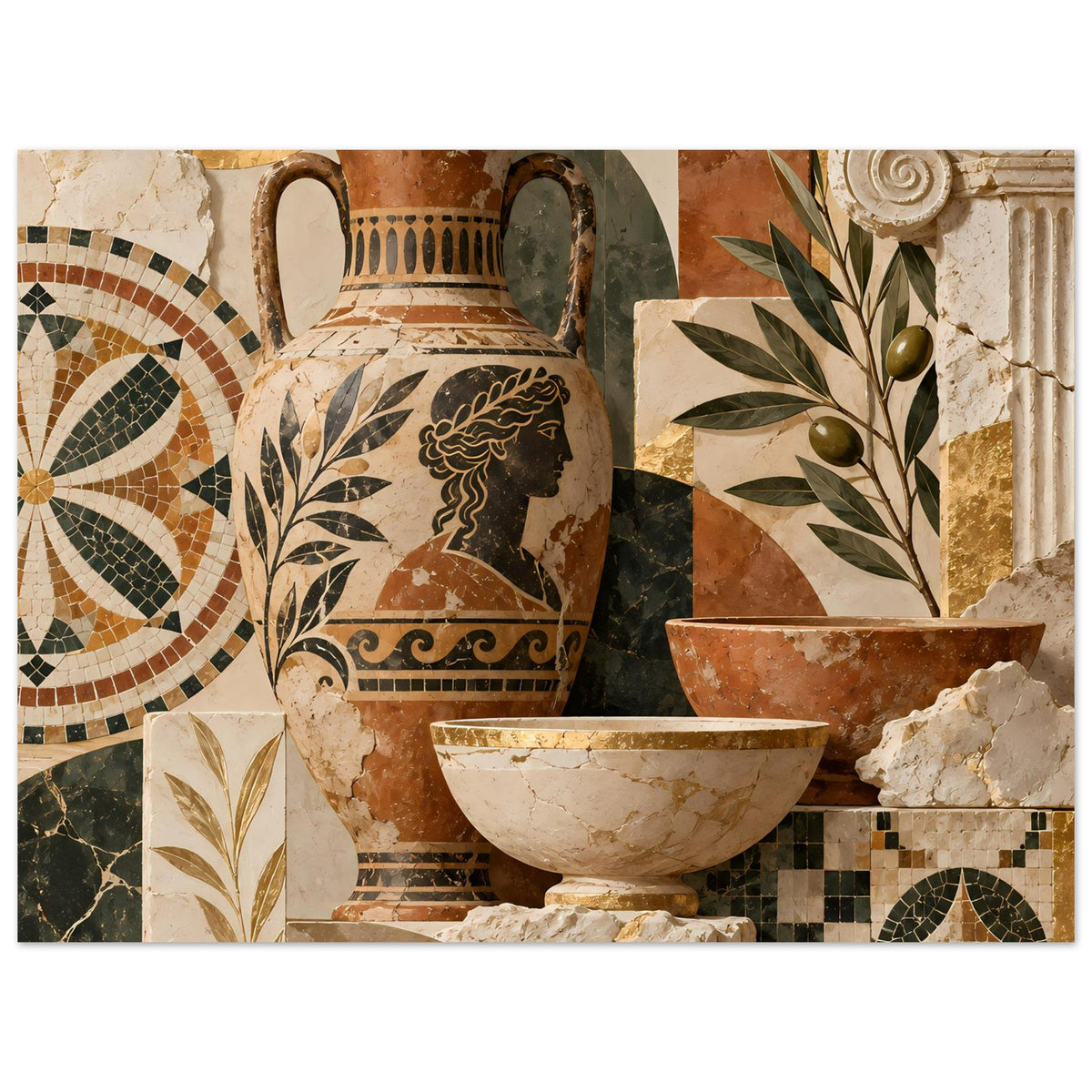 Horizontales Poster mit mediterranem Mosaik: Amphore, Schale, Olivenzweig und Steinboden.