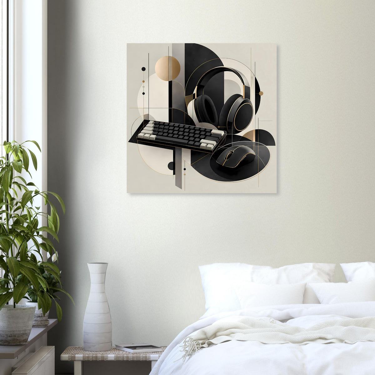 Gaming-Poster mit Kopfhörern und Tastatur im geometrischen Stil, Schwarz/Gold auf Creme