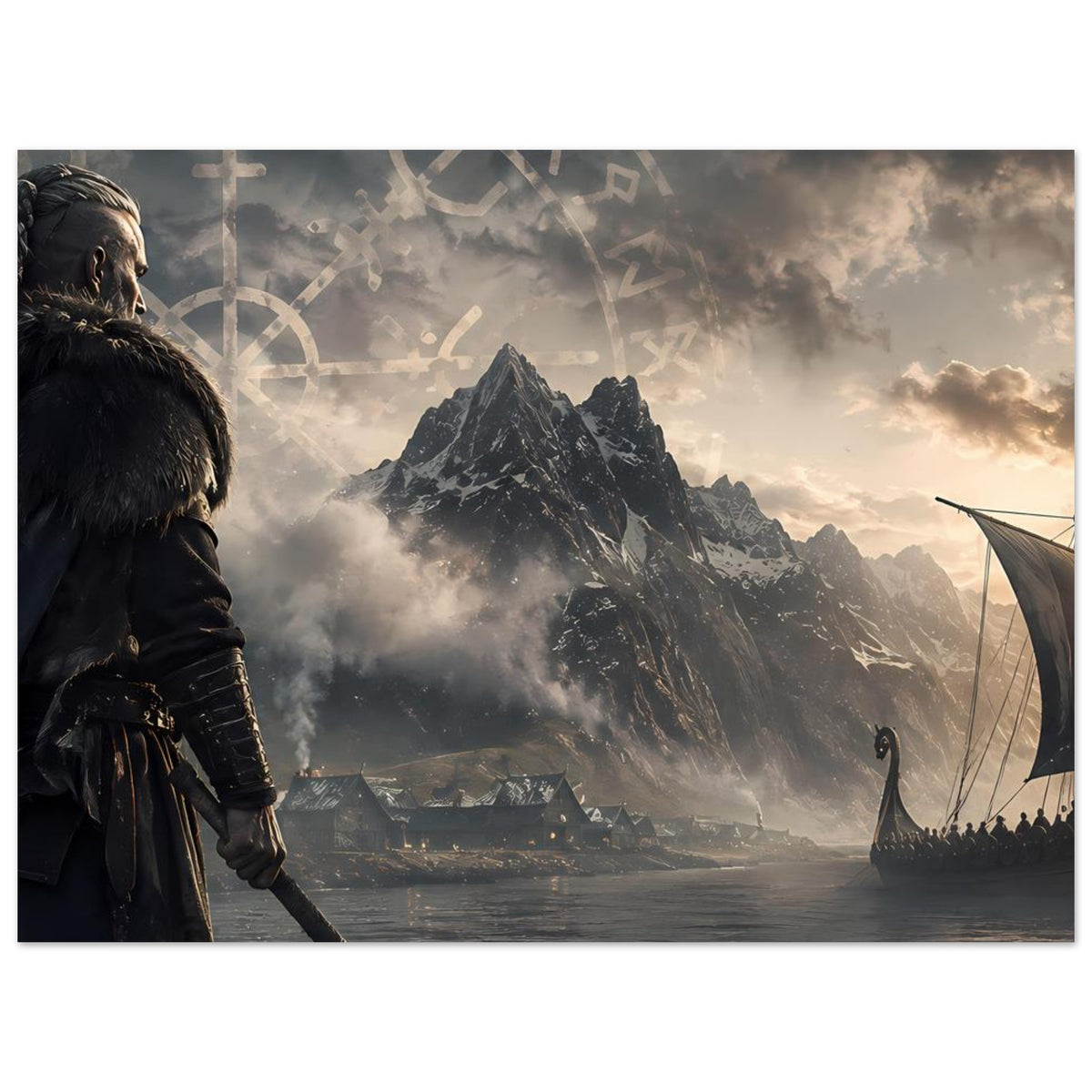 Horizontales Poster: Krieger links, Fjord mit Bergen, Langschiff mit Segel und Runenbogen.