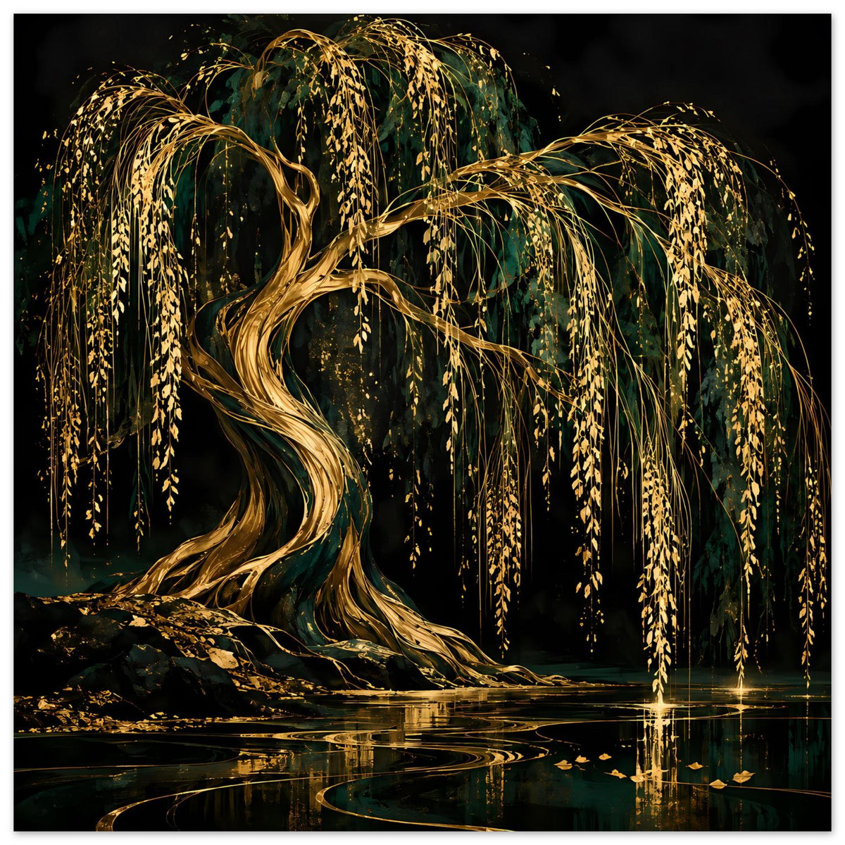 Wandposter im Hochformat: goldene, geschwungene Weidenzweige über dunklem Wasser