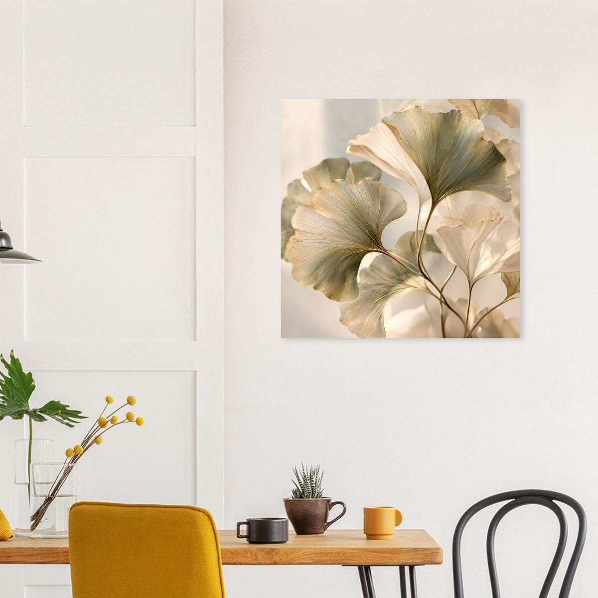 Quadratisches Poster mit großen Blättern in Creme und goldenen Linien