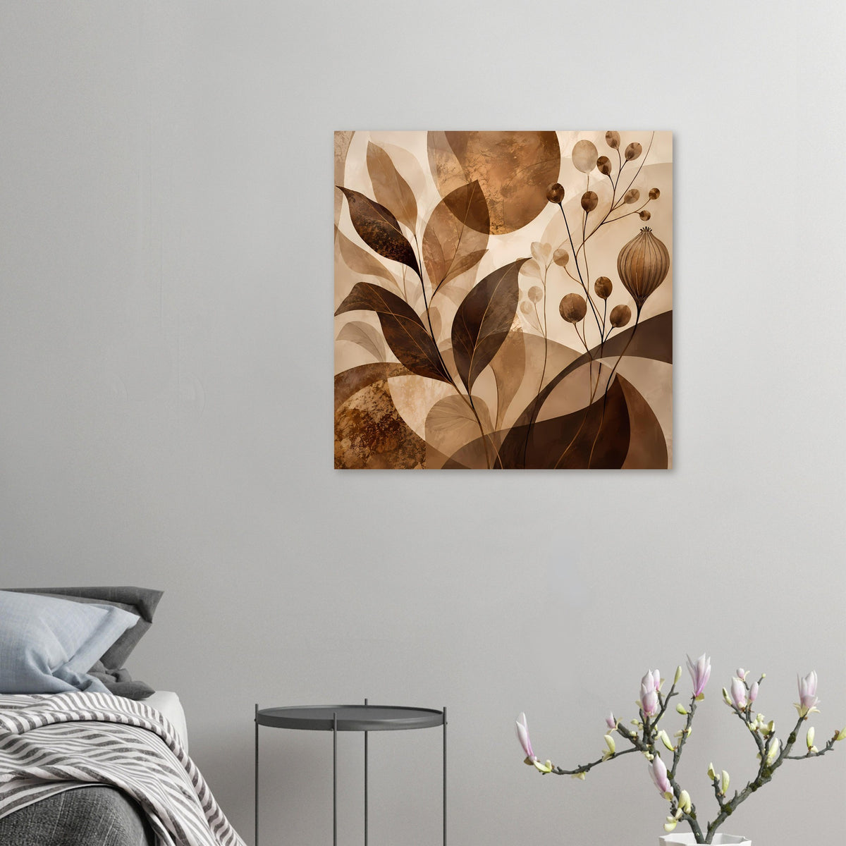 Blumenposter in warmem Braun und Beige mit Blättern, Stielen und runden Blüten, klein dargestellt