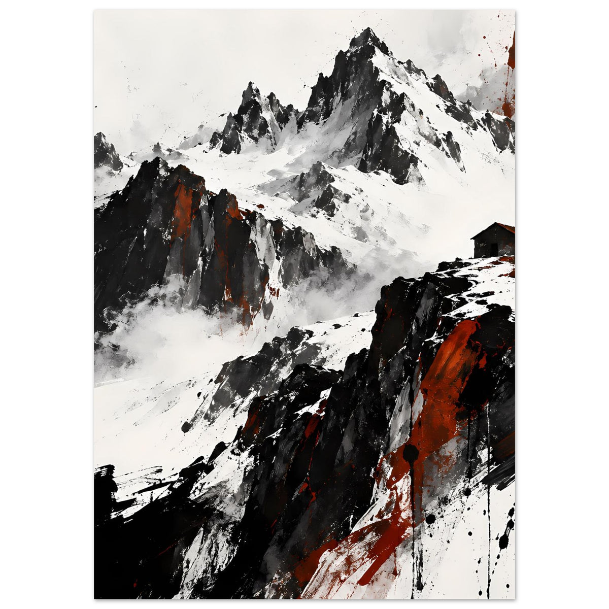 Poster Bergpanorama in Schwarz‑Weiß mit roten Spritzern, vertikal