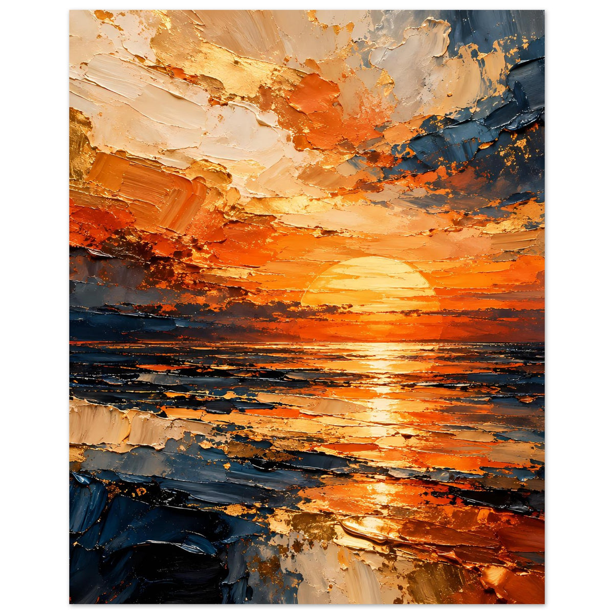 Abstraktes Sonnenuntergangs-Poster am Meer mit orange-blauer Farbfläche und Textur