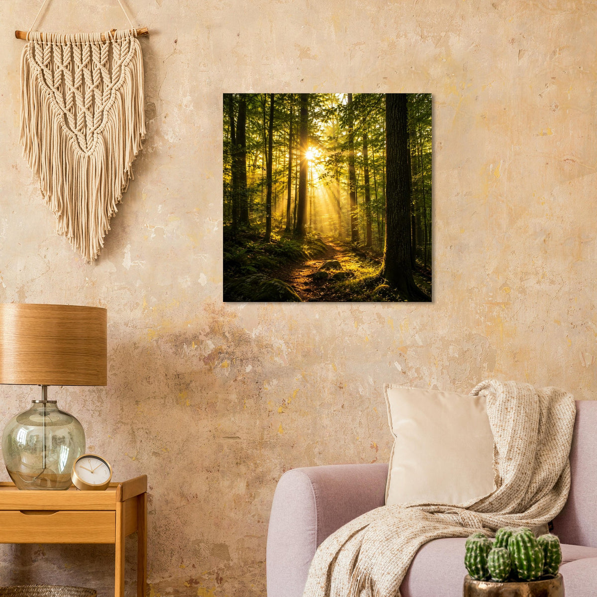 Quadratisches Poster mit Sonnenaufgang im Wald, Waldpfad, schwarzer Rand.