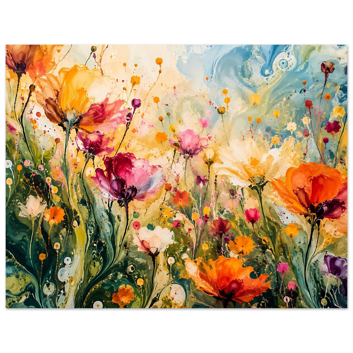 Blumenposter im Querformat mit abstrakten Blüten in Orange, Pink, Violett und Blau