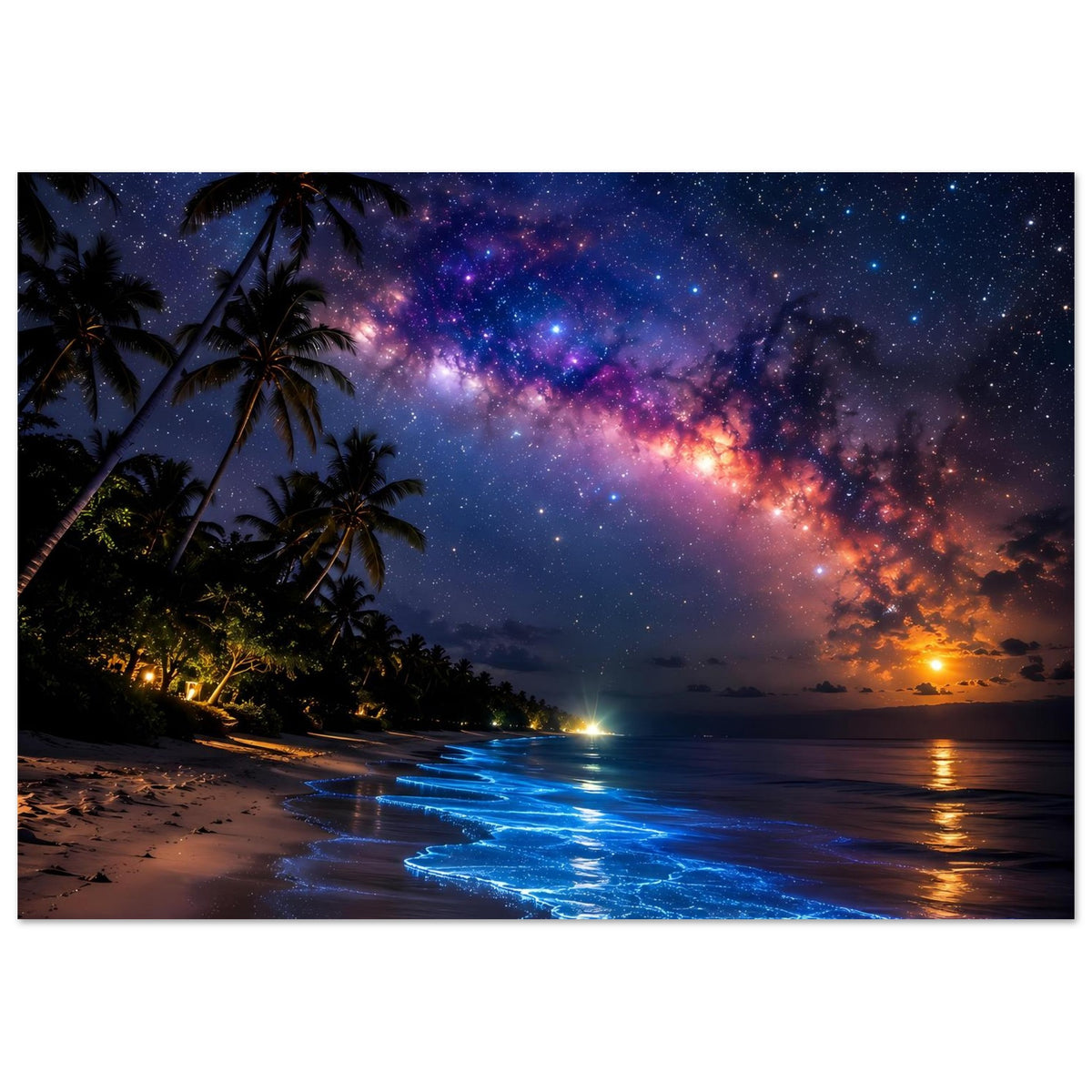 Poster Querformat: nächtlicher Strand mit Palmen, Milchstraße und orange-blauem Licht in Wellen