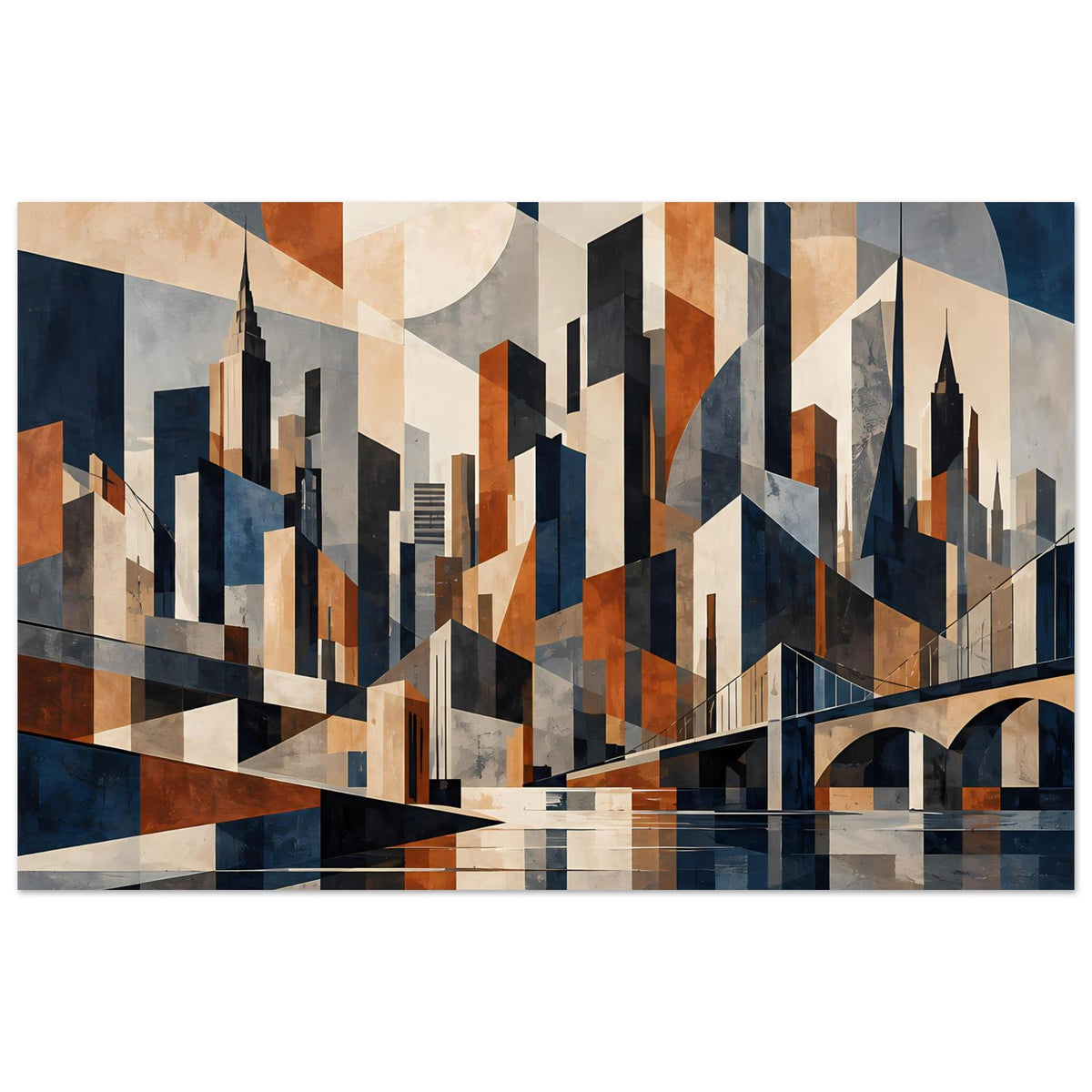 Poster mit geometrischer Stadtsilhouette (Marineblau/Rostrot), Brücke und Hochhäusern