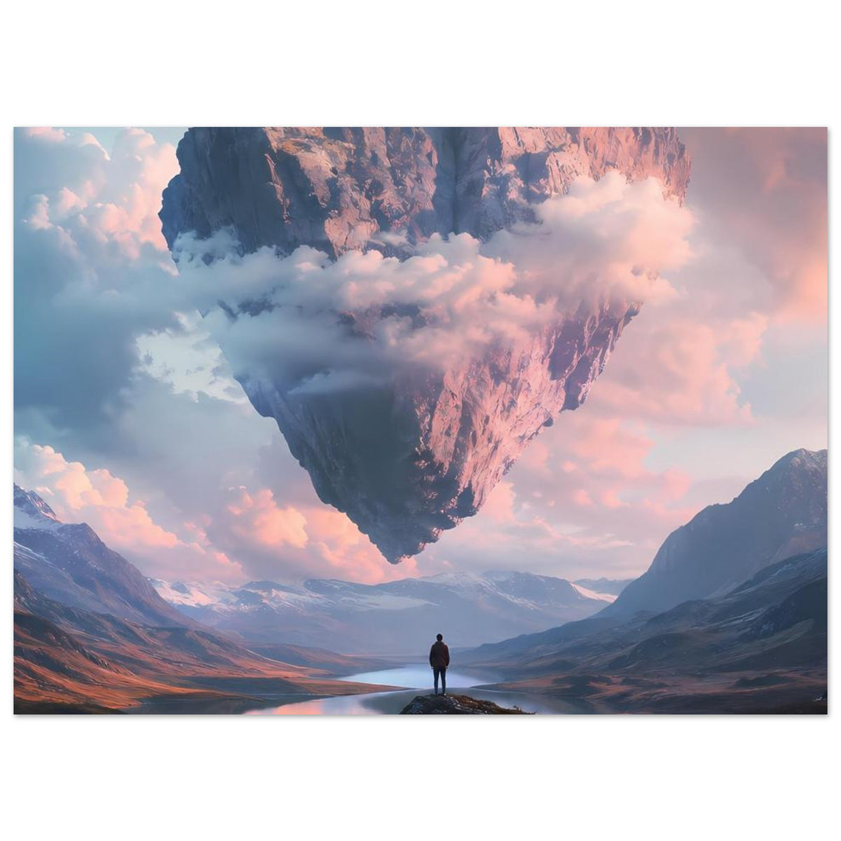 Poster-Motiv: schwebendes Felsherz über Bergseenlandschaft, Fokus auf Herzmitte und Wolken