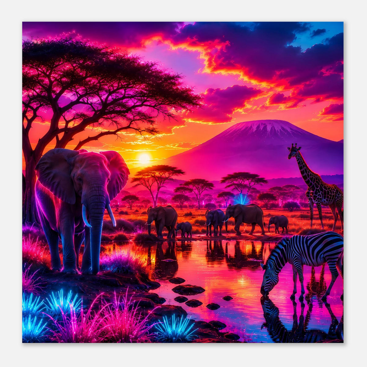 Safari-Poster mit Elefant links, Giraffe rechts, Zebra unten rechts am farbigen Wasser