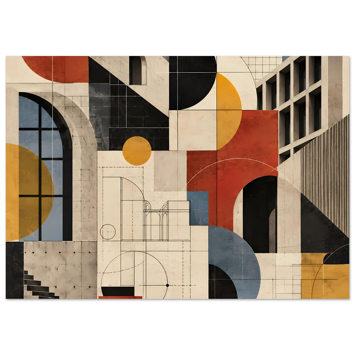 Kunstposter: abstrakte Architekturformen in Terrakotta und Schieferblau, Kreise, Rechtecke, Bögen