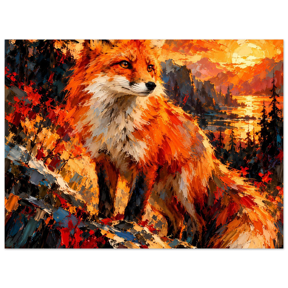 Fuchs-Porträtposter mit warmen Orangefarben, Fokus auf Kopf und Fell mit hellen Streifen