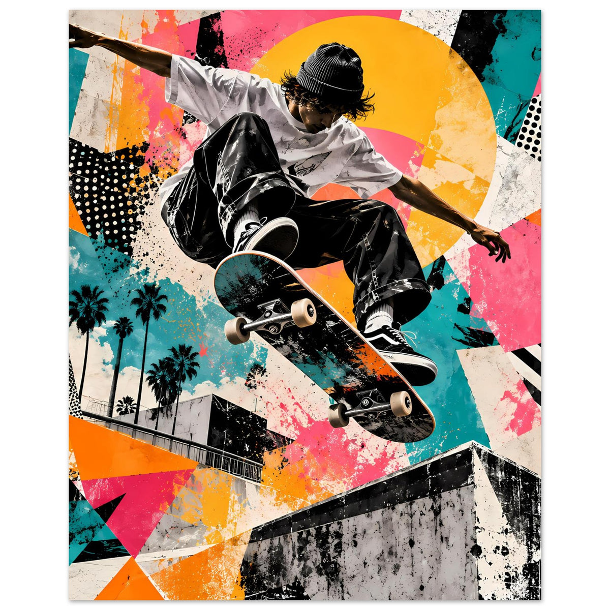 Street-Art-Poster: Skateboarder auf dem Board, schwarz-weiß, umgeben von Neon-Farbflecken.