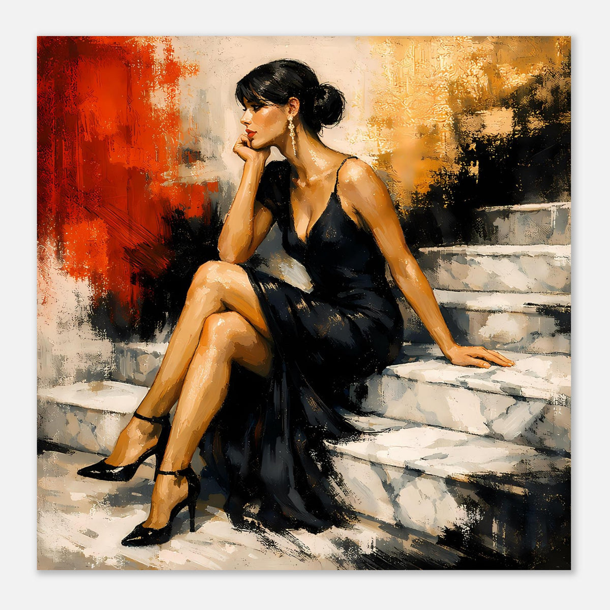 Kunstposter mit Frau im schwarzen Abendkleid, sitzend auf Stufen, dekorativer Stil