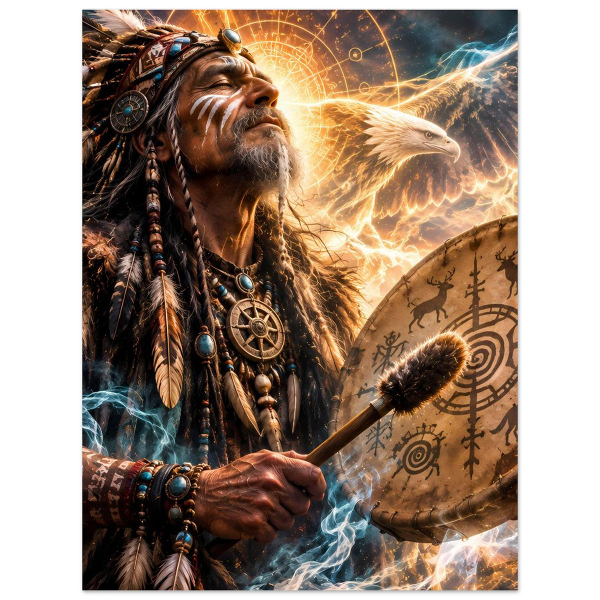 Fantasy-Poster: Schamane mit Trommel, goldener Adler und leuchtende Energiekreise