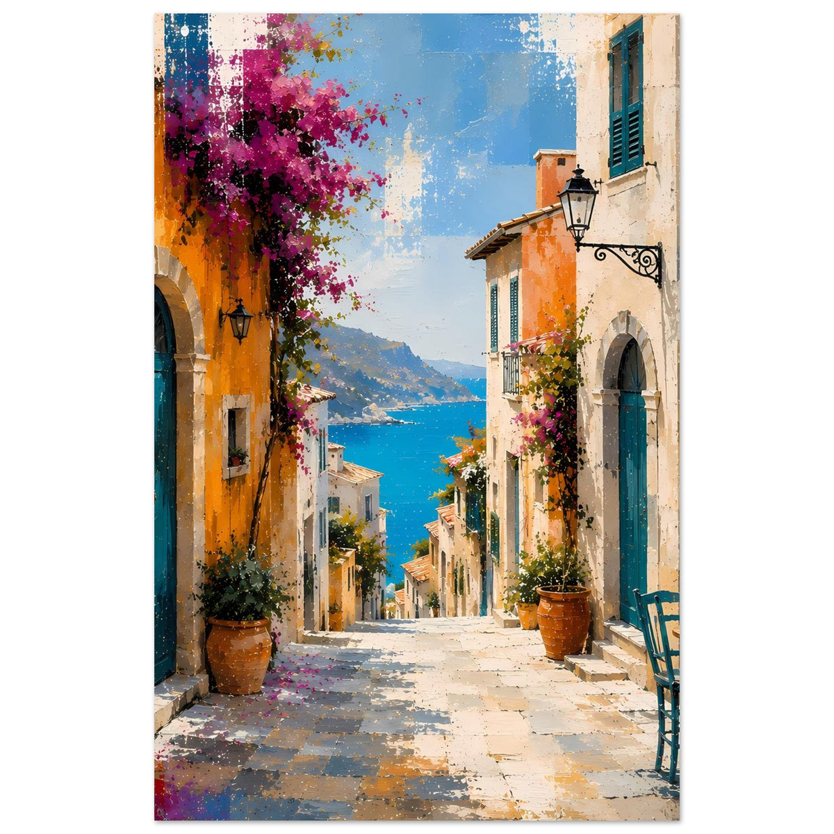 Poster im Hochformat: schmale Gasse mit blauem Eingang und Blumen an der Wand