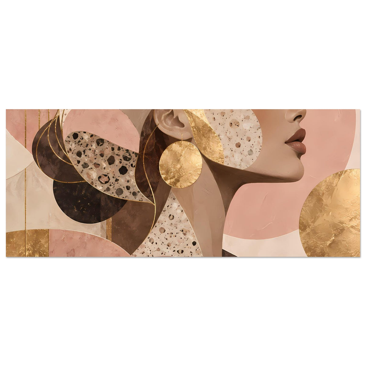 Kunst-Poster im Querformat, Panorama-Ausschnitt mit goldfarbenem Kreis und Frauenprofil