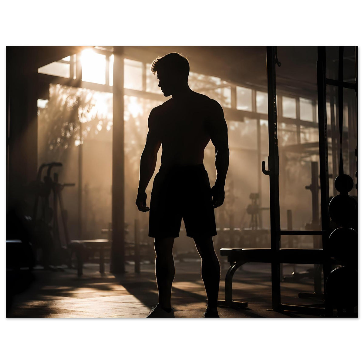 Fitness-Poster: schwarze Silhouette eines Athleten, Ganzkörper in Shorts und Shirt