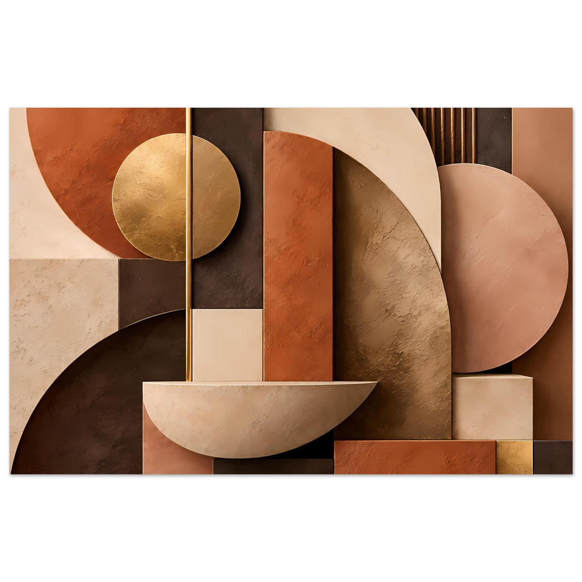 Kunstposter mit geometrischen Kreisen und Balken in Terrakotta, Beige und Gold, quer