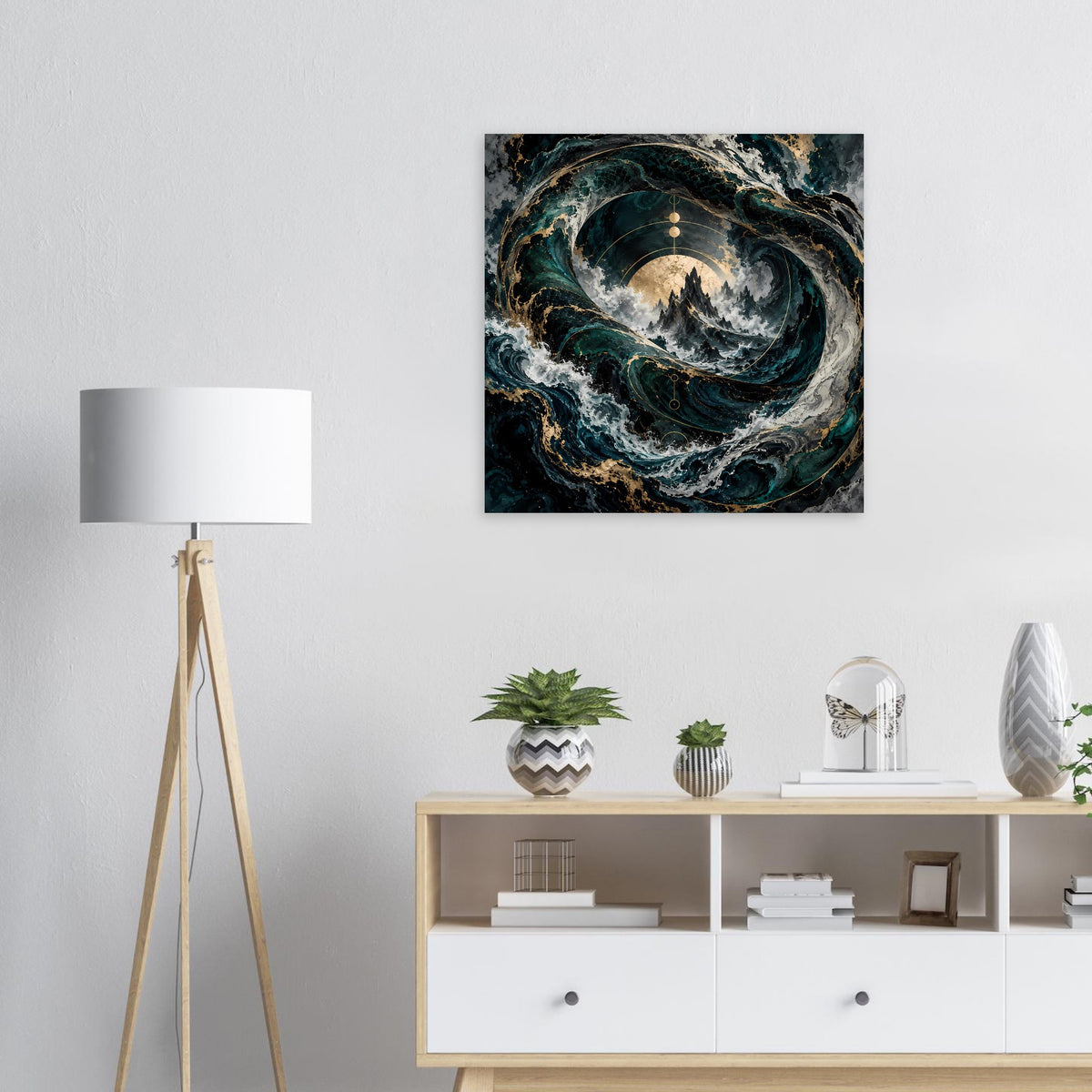 Wandposter mit mystischem Ozeanwirbel in Blau, Grün und Beige