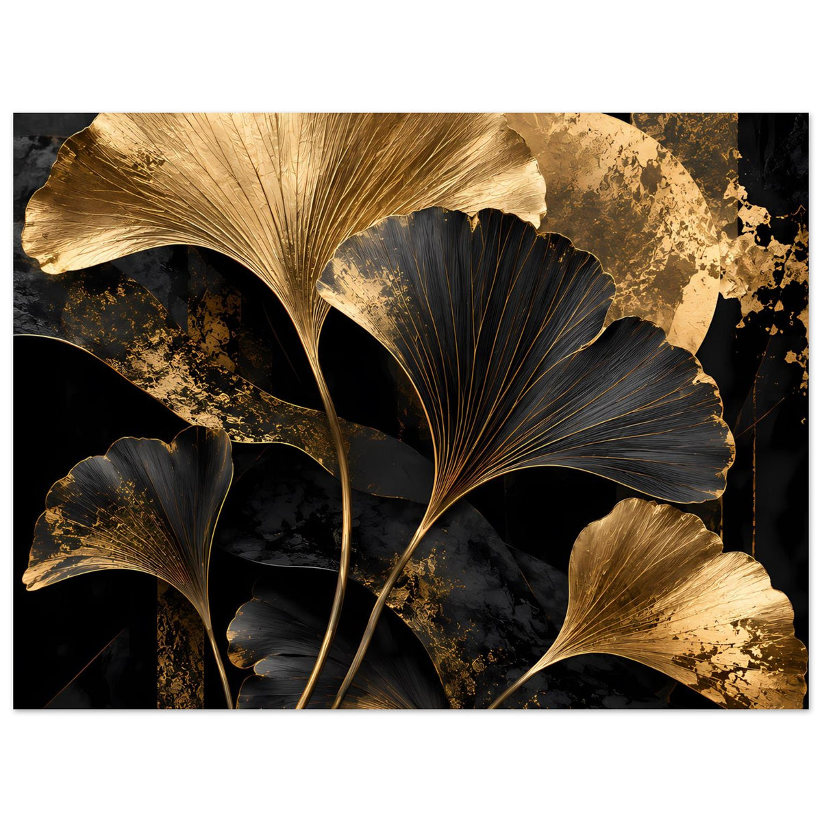 Botanisches Poster im Querformat mit goldenen und schwarzen Ginkgo-Blättern, seitlich angeschnitten