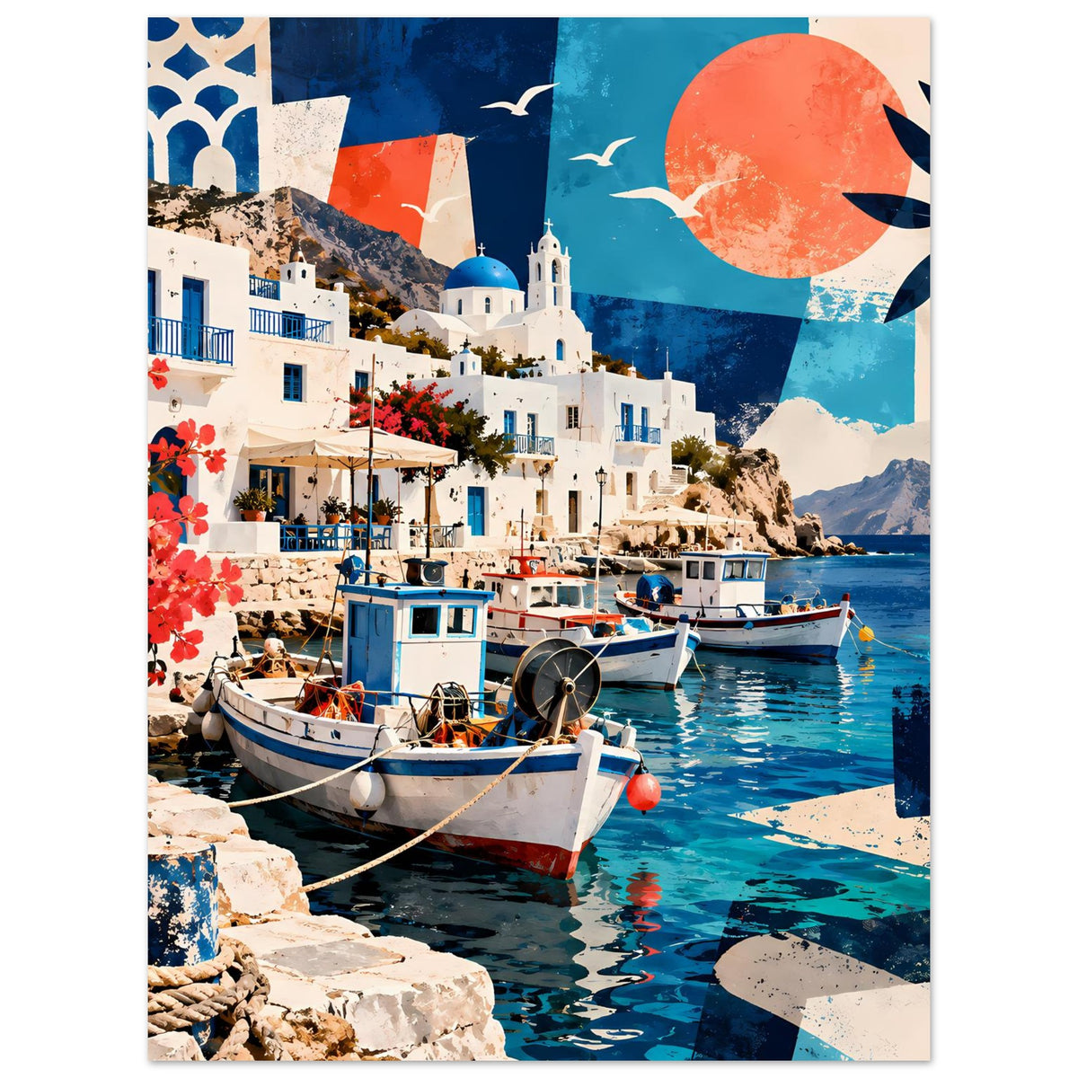 Hafenposter Hochformat: Fischerboote, weiße Gebäude, rote Blüten, blaues Meer